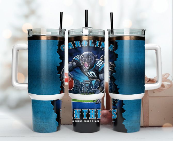 Carolina Panthers Nfl Mascot Custom Stanley Quencher 40Oz Stainless Steel Tumbler With Handle