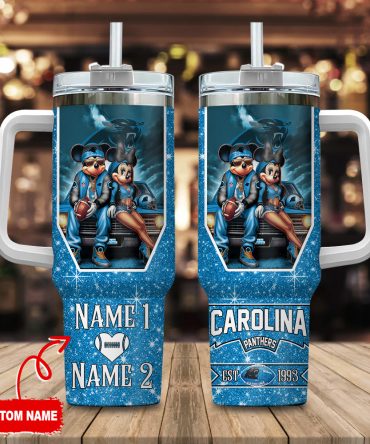 Carolina Panthers Nfl Mickey And Minnie Couple Custom Stanley Quencher 40Oz Stainless Steel Tumbler With Handle