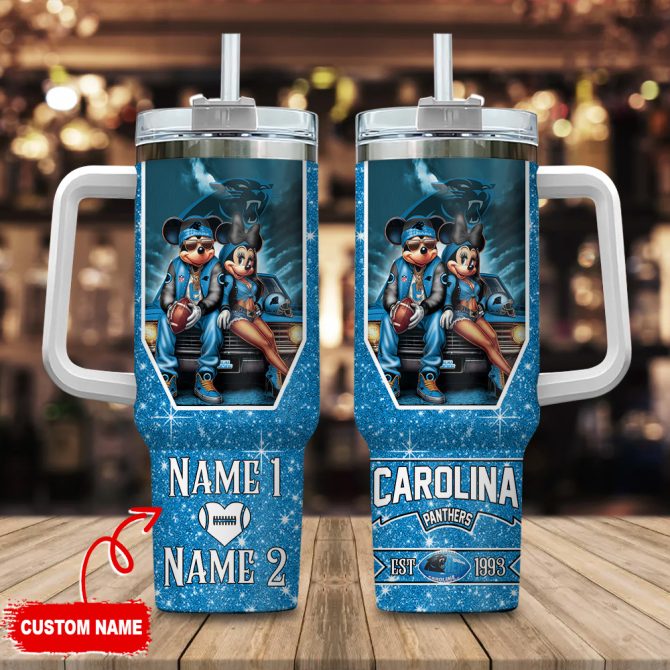 Carolina Panthers Nfl Mickey And Minnie Couple Custom Stanley Quencher 40Oz Stainless Steel Tumbler With Handle