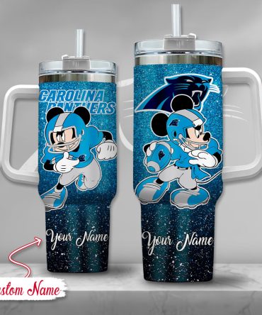 Carolina Panthers Nfl Mickey Mouse Glitter Custom Stanley Quencher 40Oz Stainless Steel Tumbler With Handle