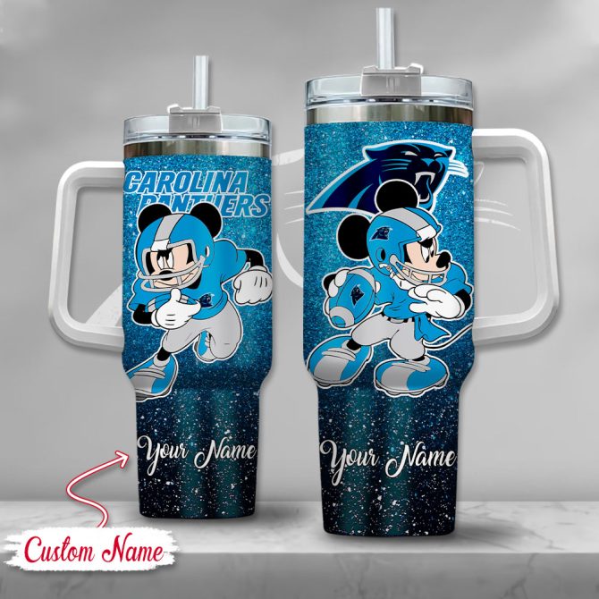 Carolina Panthers Nfl Mickey Mouse Glitter Custom Stanley Quencher 40Oz Stainless Steel Tumbler With Handle