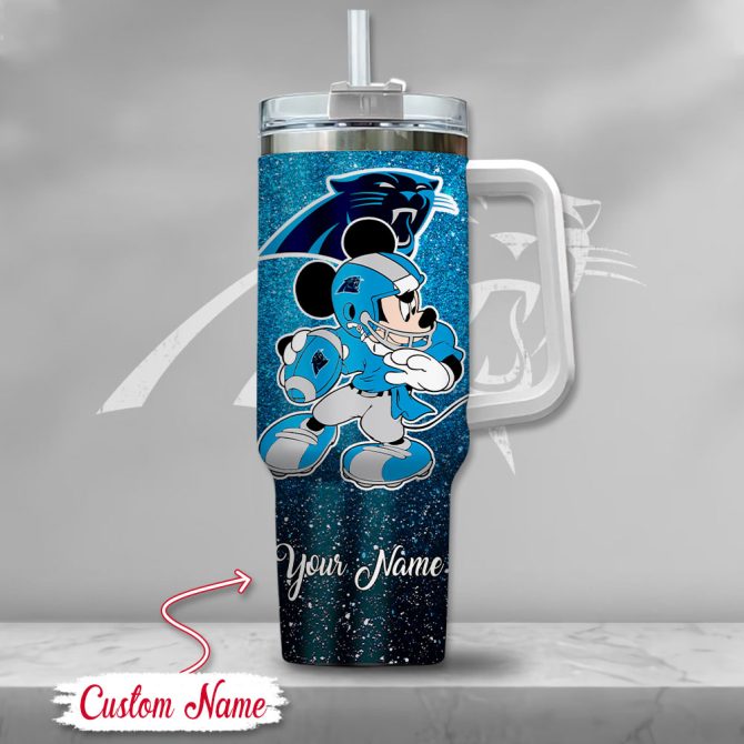 Carolina Panthers Nfl Mickey Mouse Glitter Custom Stanley Quencher 40Oz Stainless Steel Tumbler With Handle - Image 2