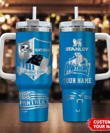 Carolina Panthers Nfl Silver Logo Custom Stanley Quencher 40Oz Stainless Steel Tumbler With Handle