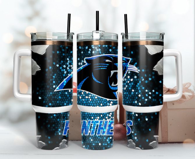 Carolina Panthers Nfl Stained Glass Effect Custom Stanley Quencher 40Oz Stainless Steel Tumbler With Handle