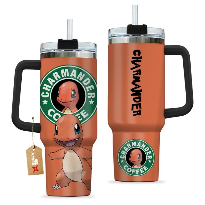 Charmander Coffee Pokemon Anime Custom Stanley Quencher 40Oz Stainless Steel Tumbler With Handle