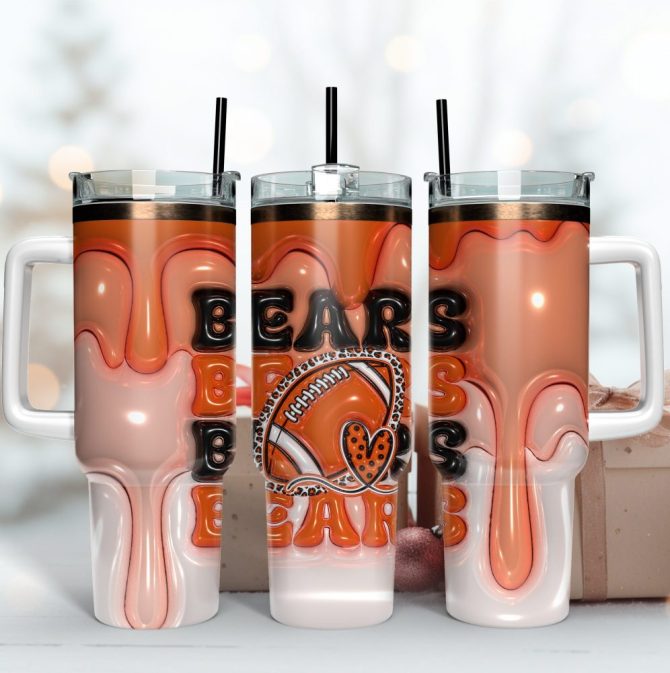 Chicago Bears Nfl 3D Inflated Puff Effect Custom Stanley Quencher 40Oz Stainless Steel Tumbler With Handle