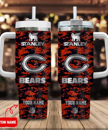 Chicago Bears Nfl Camouflage Silver Logo Custom Stanley Quencher 40Oz Stainless Steel Tumbler With Handle