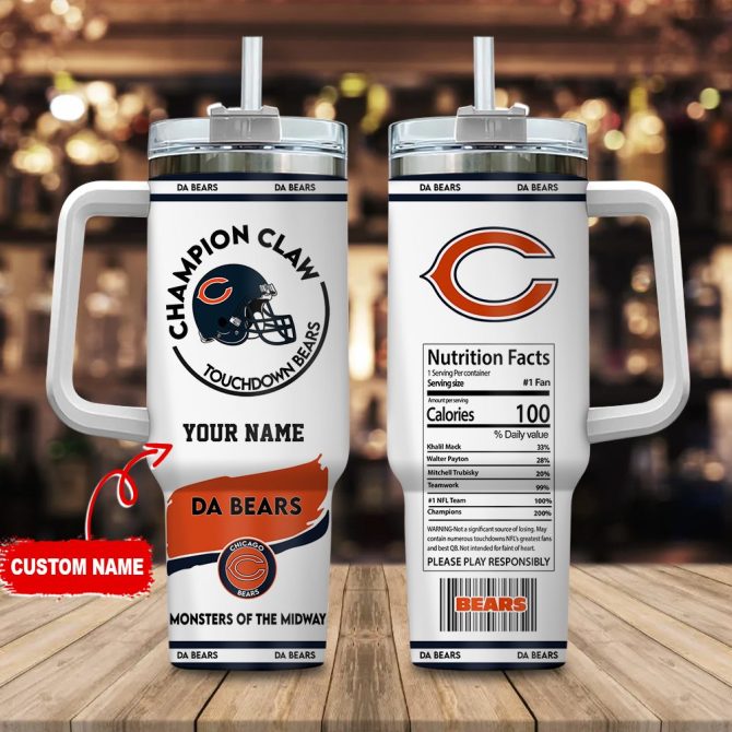 Chicago Bears Nfl Champion Claw Custom Stanley Quencher 40Oz Stainless Steel Tumbler With Handle