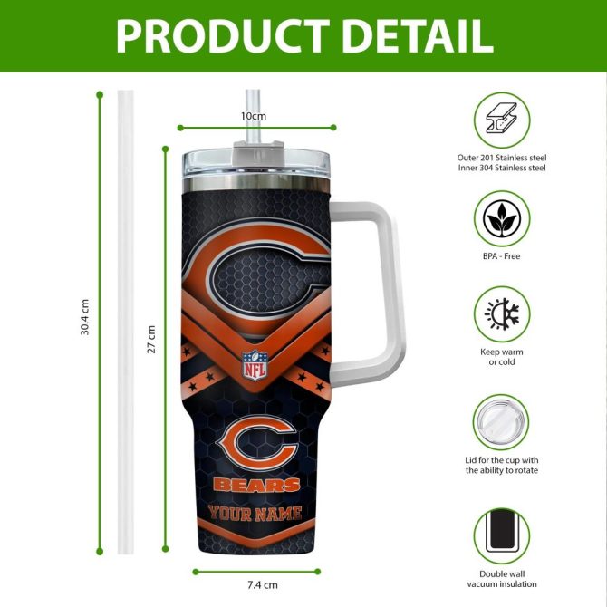 Chicago Bears Nfl Custom Stanley Quencher 40Oz Stainless Steel Tumbler With Handle - Image 2