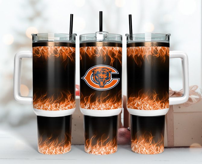 Chicago Bears Nfl Fire Effect Custom Stanley Quencher 40Oz Stainless Steel Tumbler With Handle
