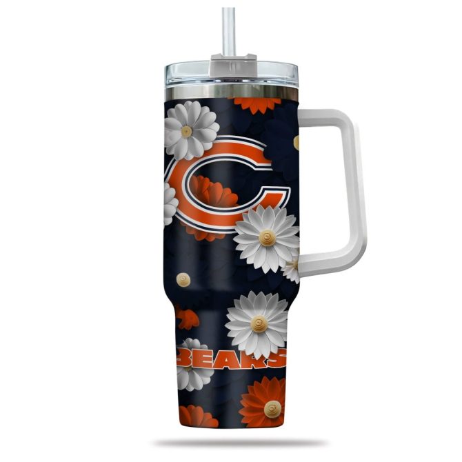 Chicago Bears Nfl Flowers Custom Stanley Quencher 40Oz Stainless Steel Tumbler With Handle - Image 2