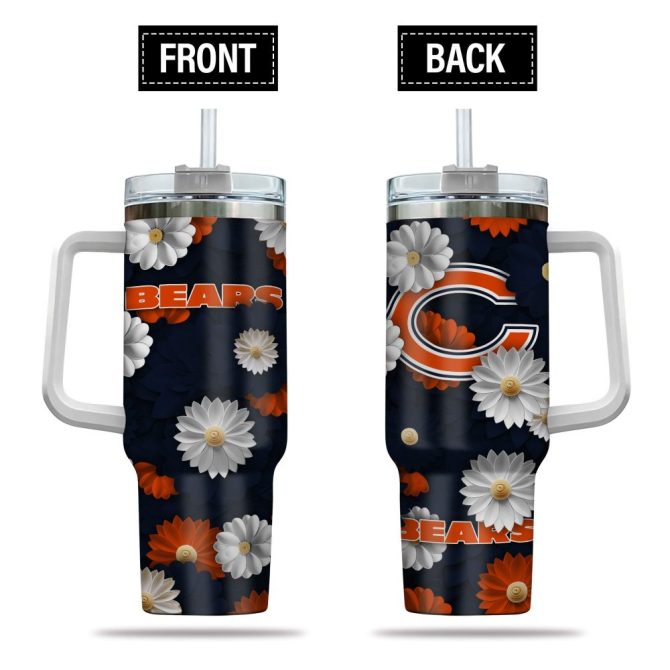 Chicago Bears Nfl Flowers Custom Stanley Quencher 40Oz Stainless Steel Tumbler With Handle