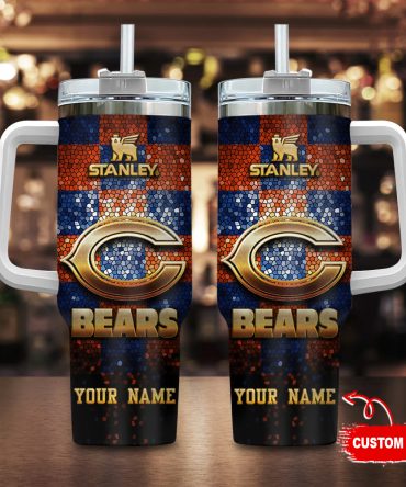 Chicago Bears Nfl Glitter Golden Logo Custom Stanley Quencher 40Oz Stainless Steel Tumbler With Handle