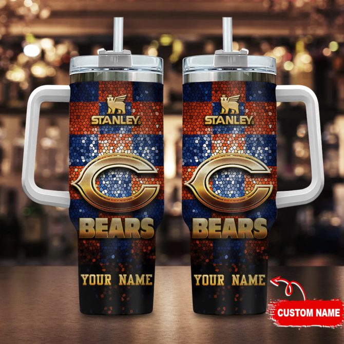 Chicago Bears Nfl Glitter Golden Logo Custom Stanley Quencher 40Oz Stainless Steel Tumbler With Handle