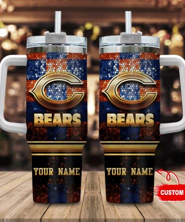 Chicago Bears Nfl Glitter Golden Logo Custom Stanley Quencher 40Oz Stainless Steel Tumbler With Handle