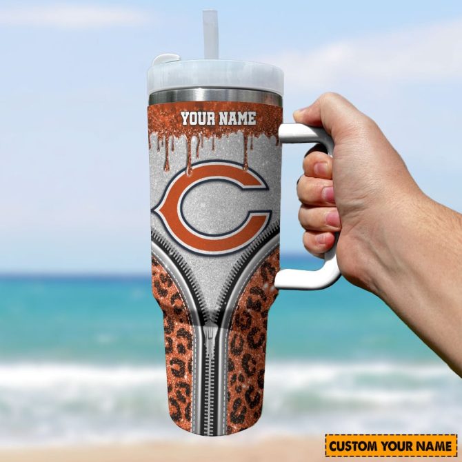 Chicago Bears Nfl Glitter Leopard Print Custom Stanley Quencher 40Oz Stainless Steel Tumbler With Handle - Image 2