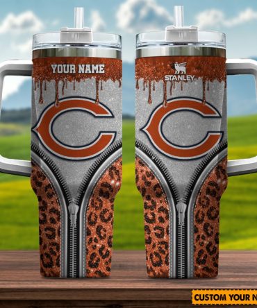 Chicago Bears Nfl Glitter Leopard Print Custom Stanley Quencher 40Oz Stainless Steel Tumbler With Handle