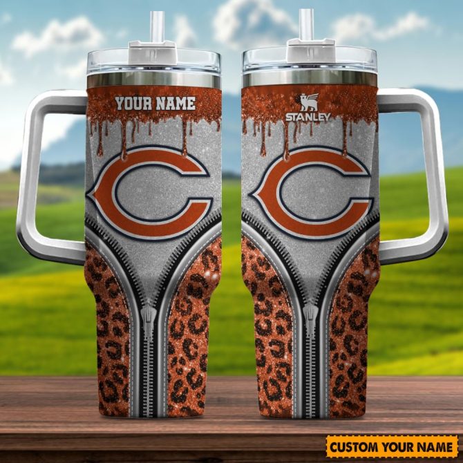Chicago Bears Nfl Glitter Leopard Print Custom Stanley Quencher 40Oz Stainless Steel Tumbler With Handle