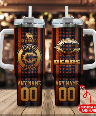 Chicago Bears Nfl Golden Logos Us Flag Custom Stanley Quencher 40Oz Stainless Steel Tumbler With Handle