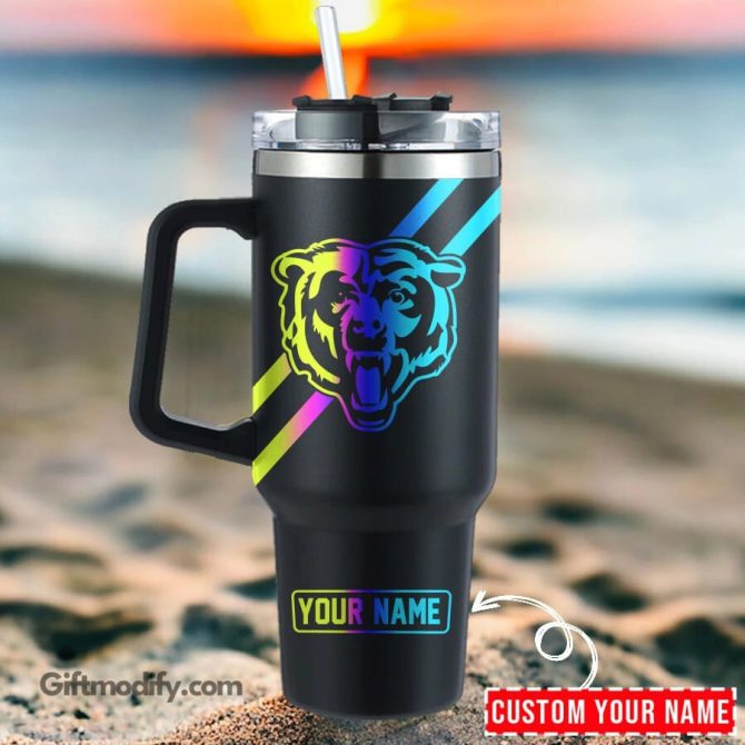 Chicago Bears Nfl Hologram Logo Custom Stanley Quencher 40Oz Stainless Steel Tumbler With Handle