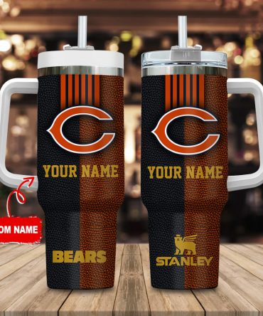 Chicago Bears Nfl Leather Effect Custom Stanley Quencher 40Oz Stainless Steel Tumbler With Handle