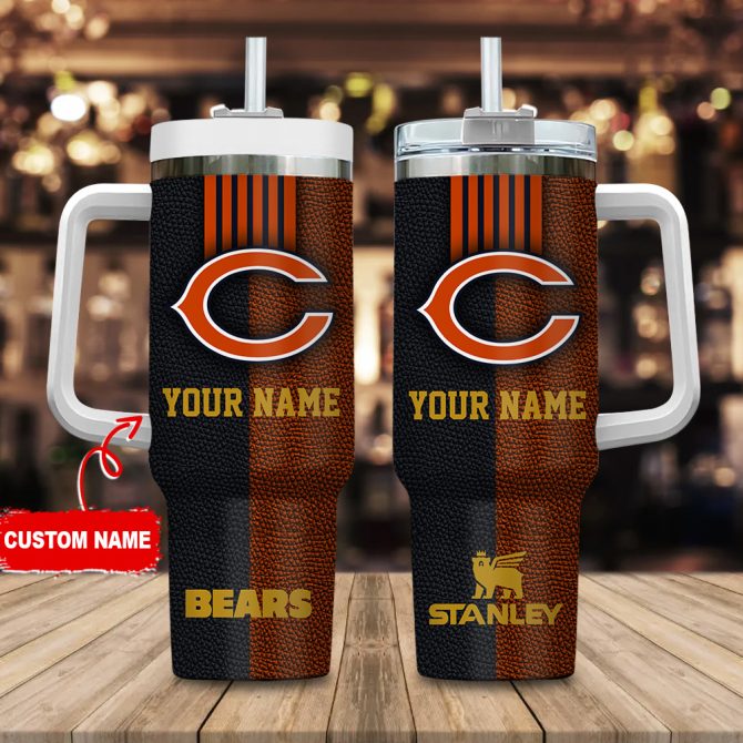 Chicago Bears Nfl Leather Effect Custom Stanley Quencher 40Oz Stainless Steel Tumbler With Handle