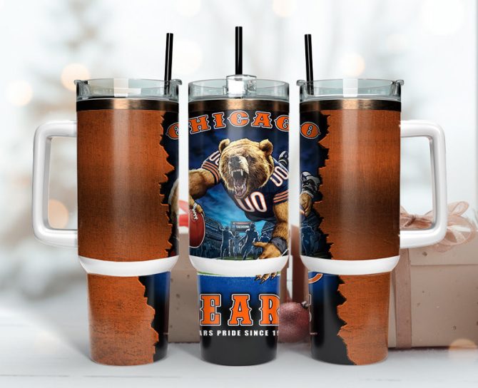 Chicago Bears Nfl Mascot Custom Stanley Quencher 40Oz Stainless Steel Tumbler With Handle