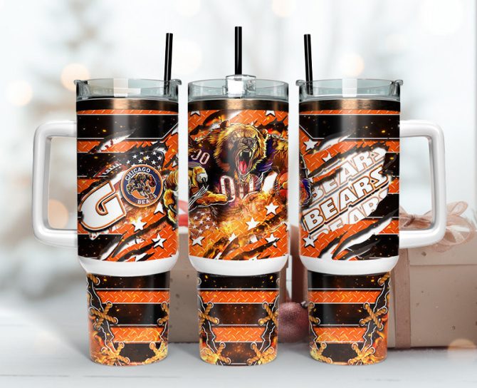 Chicago Bears Nfl Mascot Custom Stanley Quencher 40Oz Stainless Steel Tumbler With Handle