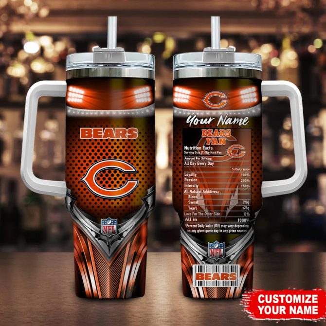 Chicago Bears Nfl Nutrition Facts Custom Stanley Quencher 40Oz Stainless Steel Tumbler With Handle