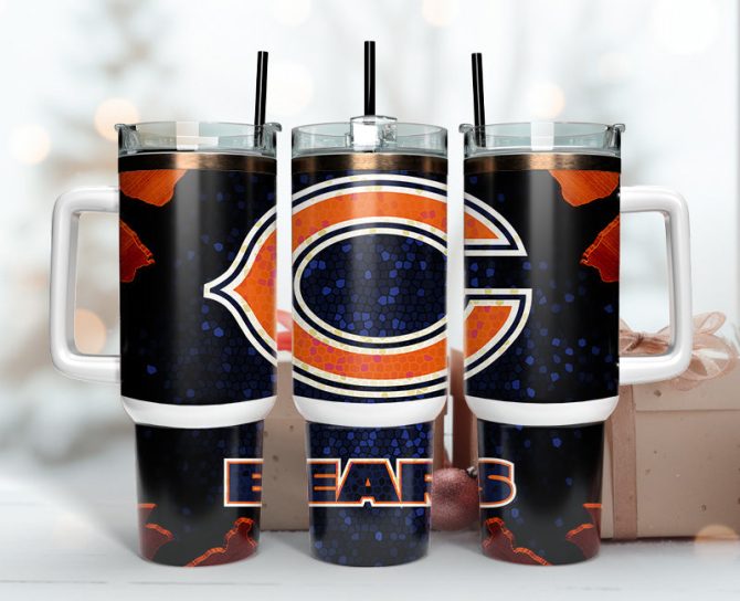 Chicago Bears Nfl Stained Glass Effect Custom Stanley Quencher 40Oz Stainless Steel Tumbler With Handle