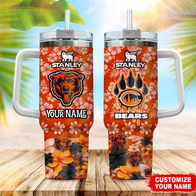 Chicago Bears Nfl Tropical Floral Custom Stanley Quencher 40Oz Stainless Steel