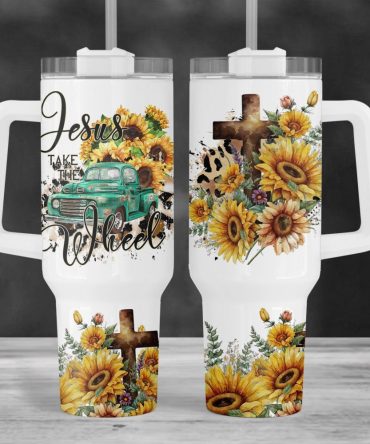 Christian Faith Teal Truck Sunflower Cross Custom Stanley Quencher 40Oz Stainless Steel Tumbler With Handle
