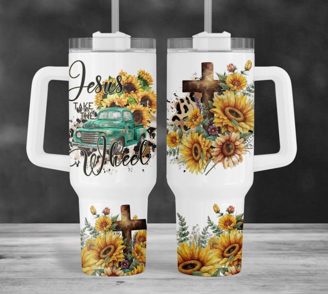 Christian Faith Teal Truck Sunflower Cross Custom Stanley Quencher 40Oz Stainless Steel Tumbler With Handle