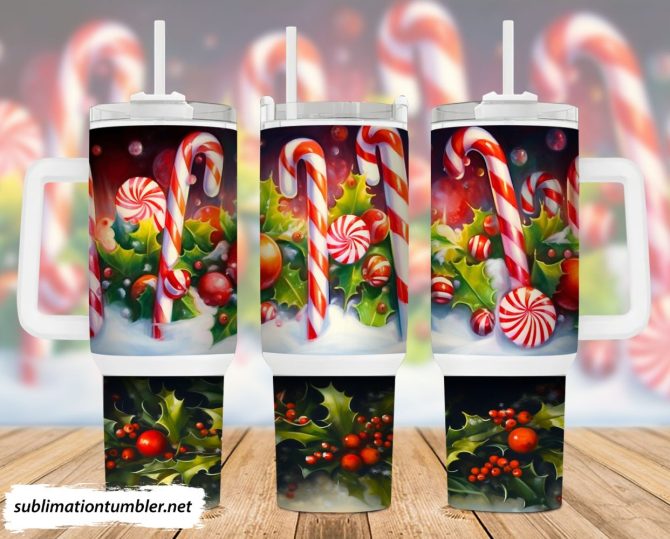 Christmas Candy Cane Custom Stanley Quencher 40Oz Stainless Steel Tumbler With Handle