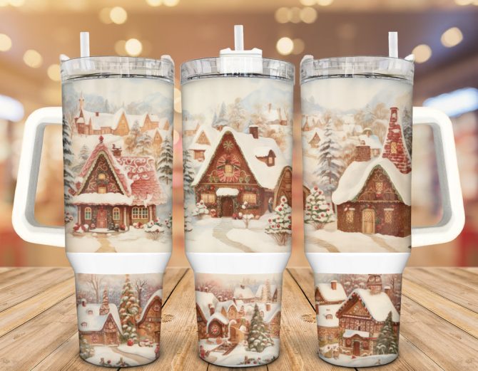 Christmas Gingerbread Village Custom Stanley Quencher 40Oz Stainless Steel Tumbler With Handle
