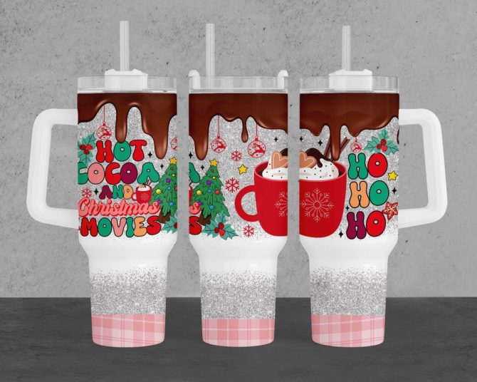 Christmas Hot Cocoa And Movies Custom Stanley Quencher 40Oz Stainless Steel Tumbler With Handle - Image 2