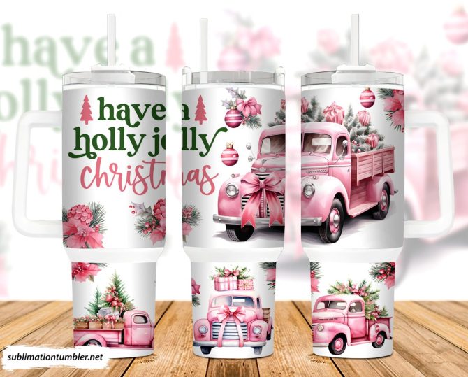 Christmas Pink Truck Custom Stanley Quencher 40Oz Stainless Steel Tumbler With Handle