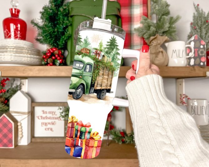 Christmas Trucks And Cow Custom Stanley Quencher 40Oz Stainless Steel Tumbler With Handle - Image 3