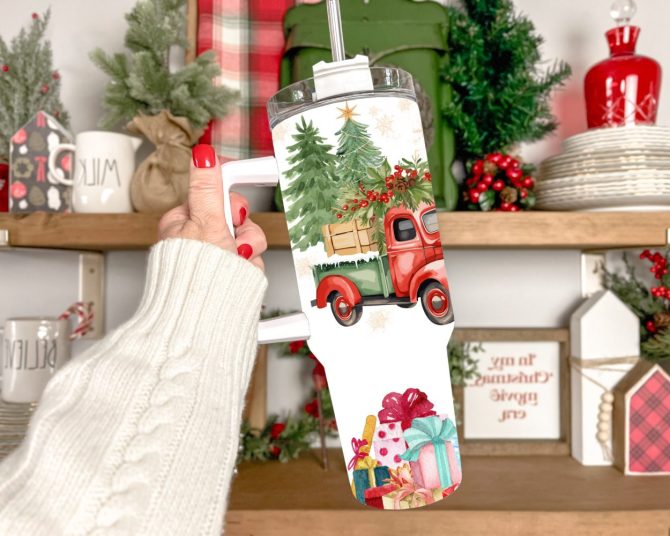 Christmas Trucks And Cow Custom Stanley Quencher 40Oz Stainless Steel Tumbler With Handle - Image 2