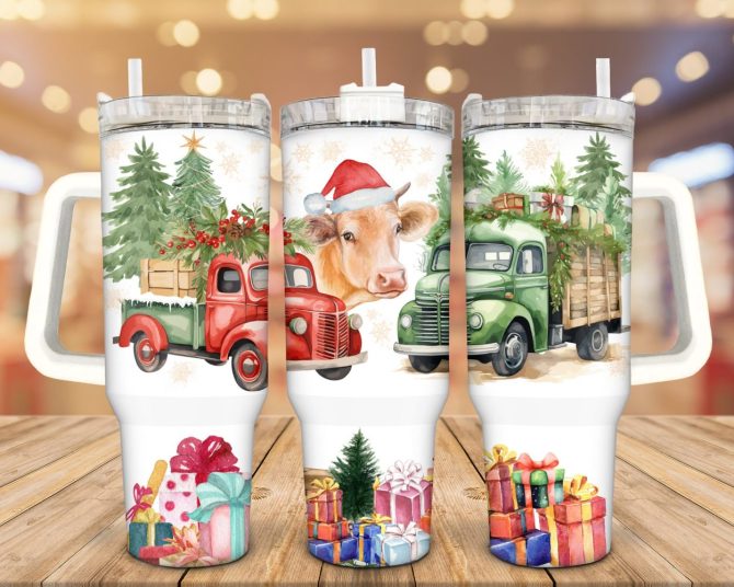 Christmas Trucks And Cow Custom Stanley Quencher 40Oz Stainless Steel Tumbler With Handle