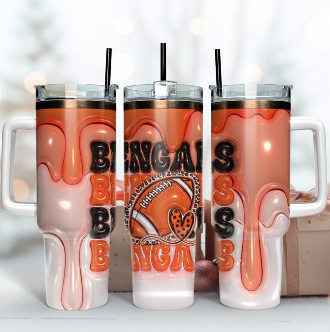 Cincinnati Bengals Nfl 3D Inflated Puff Effect Custom Stanley Quencher 40Oz Stainless Steel Tumbler With Handle