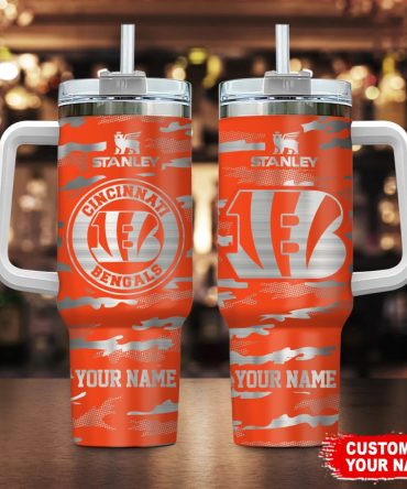 Cincinnati Bengals Nfl Camo Pattern Custom Stanley Quencher 40Oz Stainless Steel Tumbler With Handle