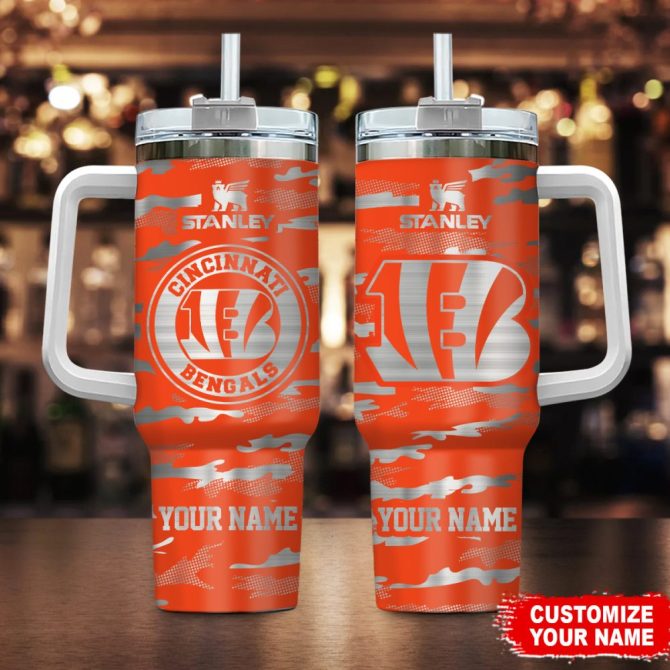 Cincinnati Bengals Nfl Camo Pattern Custom Stanley Quencher 40Oz Stainless Steel Tumbler With Handle