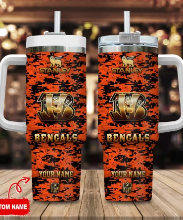 Cincinnati Bengals Nfl Camouflage Golden Logo Custom Stanley Quencher 40Oz Stainless Steel Tumbler With Handle