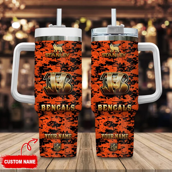 Cincinnati Bengals Nfl Camouflage Golden Logo Custom Stanley Quencher 40Oz Stainless Steel Tumbler With Handle