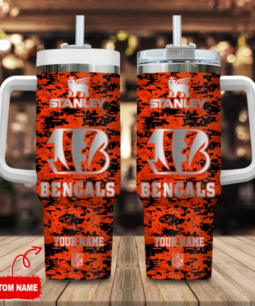 Cincinnati Bengals Nfl Camouflage Silver Logo Custom Stanley Quencher 40Oz Stainless Steel Tumbler With Handle