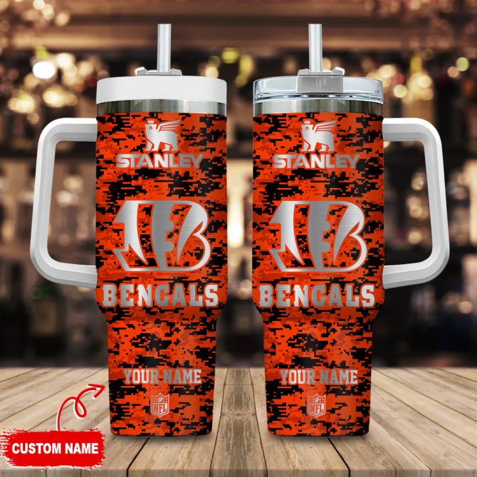 Cincinnati Bengals Nfl Camouflage Silver Logo Custom Stanley Quencher 40Oz Stainless Steel Tumbler With Handle