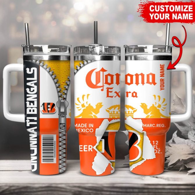 Cincinnati Bengals Nfl Corona Extra Custom Stanley Quencher 40Oz Stainless Steel Tumbler With Handle