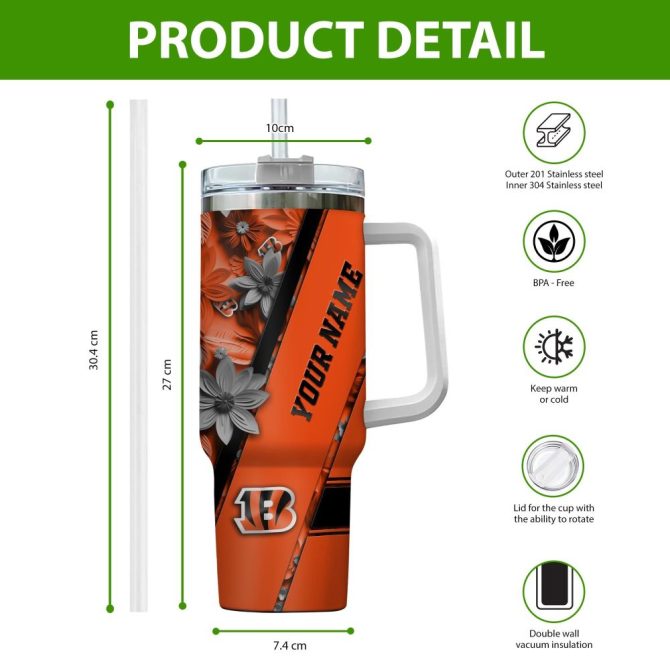 Cincinnati Bengals Nfl Custom Stanley Quencher 40Oz Stainless Steel Tumbler With Handle - Image 2