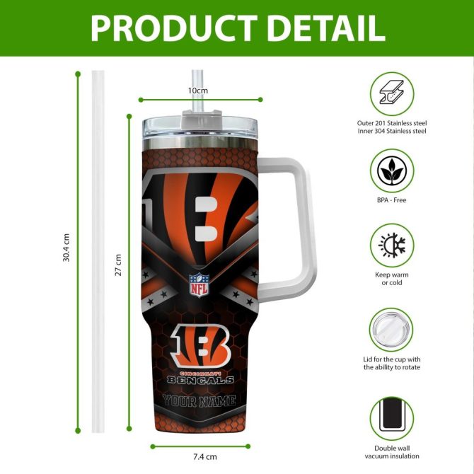 Cincinnati Bengals Nfl Custom Stanley Quencher 40Oz Stainless Steel Tumbler With Handle - Image 2